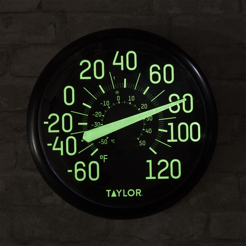 Taylor Precision Products Glow in the Dark Wall Indoor Thermometer, 13.25 inch, Black
