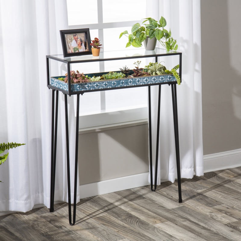 Teal Metal Table with Glass Top and Metal Planter Dish