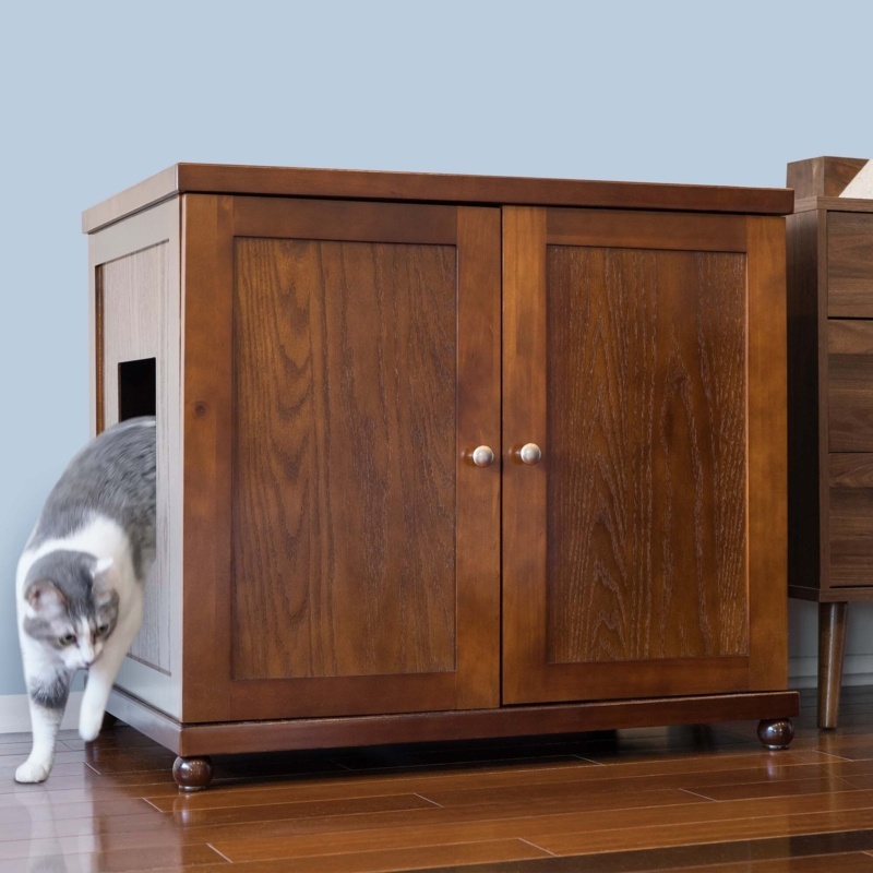 The Refined Litter Box - Wood Cat Litter Box Enclosure Cabinet with Drawer, Modern Style + Feet