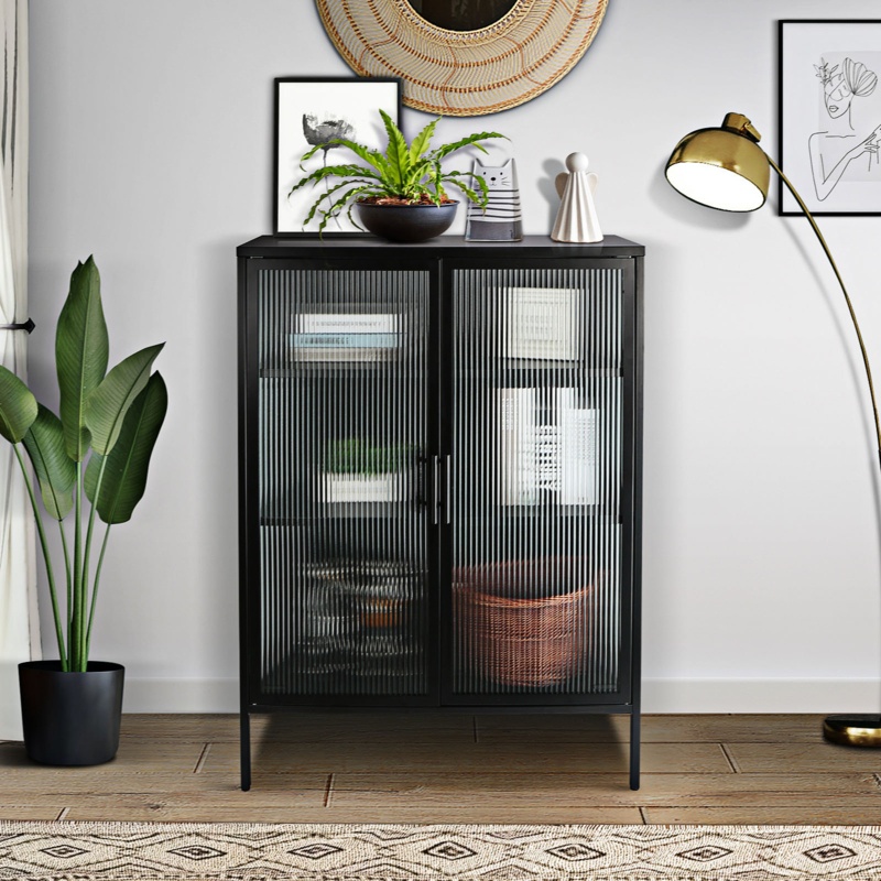 Therisa Double Glass Door Storage Cabinet Dining Cabinet Sideboard Cabinet with Adjustable Shelves