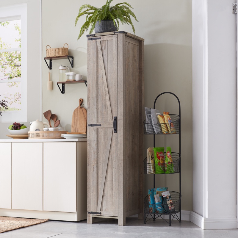 Thurid Farmhouse Freestanding Linen Cabinet with Adjustable Shelves for Narrow Kitchen Pantry