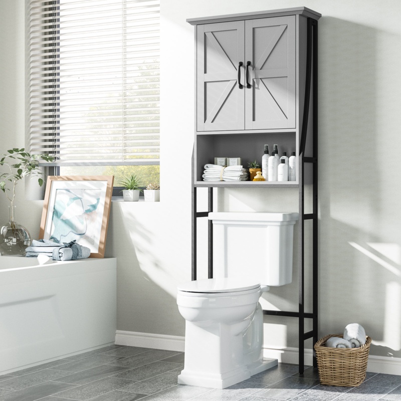 Trijal Metal & MDF Wood Over-the-Toilet Storage, Over Toilet Storage Cabinet with Barn Doors