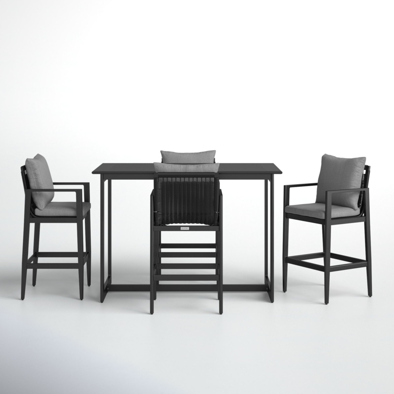 Trosclair 5 Piece Outdoor Patio Bar Table Set in Aluminum with Grey Cushions