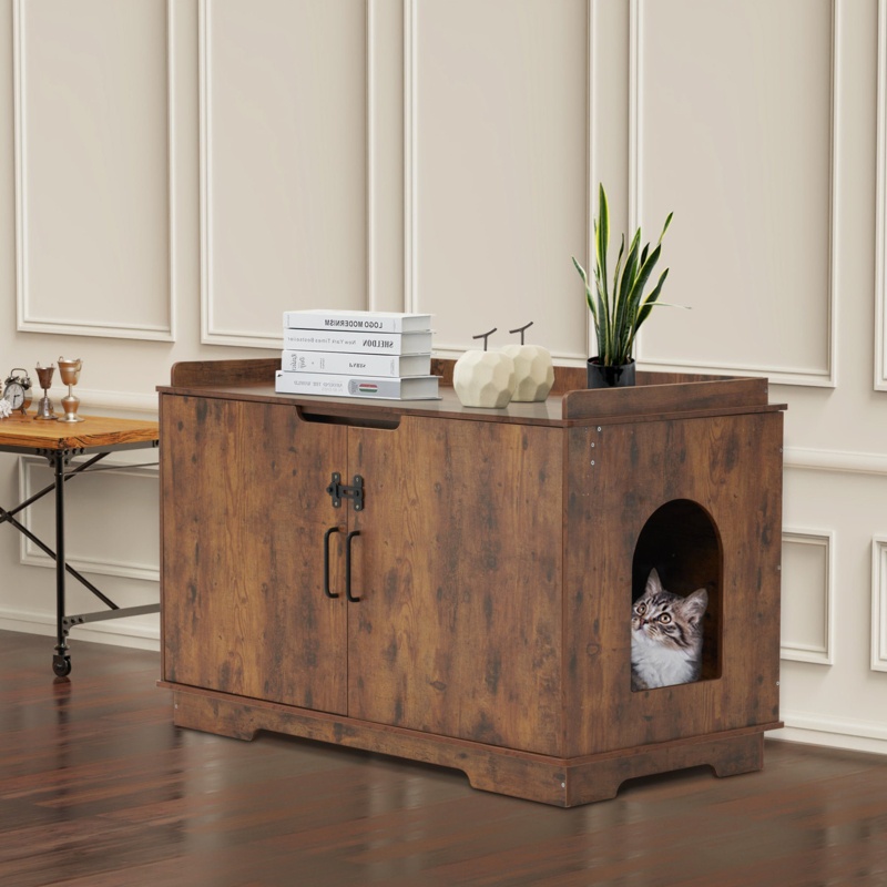 Tucker Murphy Pet™ Cat Litter Box Furniture Hidden With Top Opening, XL Pet Enclosed Litter Bench With Divider, Wooden Hideaway Extra Large Cat House, Cat Washroom Storage Bench Indoor CT37