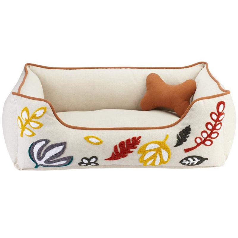 Tucker Murphy Pet™ Fully Removable And Washable Dog Bed, Embroidered Leaves Linen Bed With Durable YKK Zippers