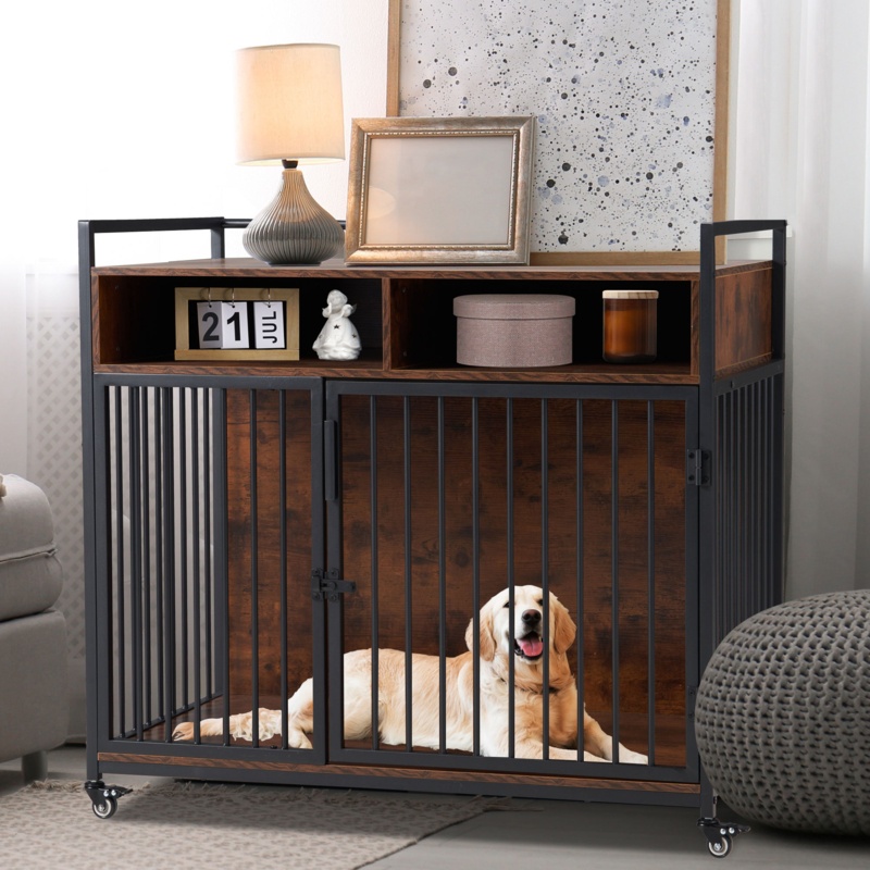Tucker Murphy Pet™ Large Dog Crate Furniture, Heavy Duty Dog Cages For Medium/Small Dogs Indoor, Super Sturdy Large Dog Kennel With Wheels, Storage Shelves And Anti-Chew 41 Inch (Brown)