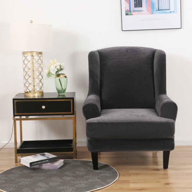 Velvet 2-Piece Set: Stretch Tiger Stool Slipcover, with T-Cushion Cover, for Wingback Chair