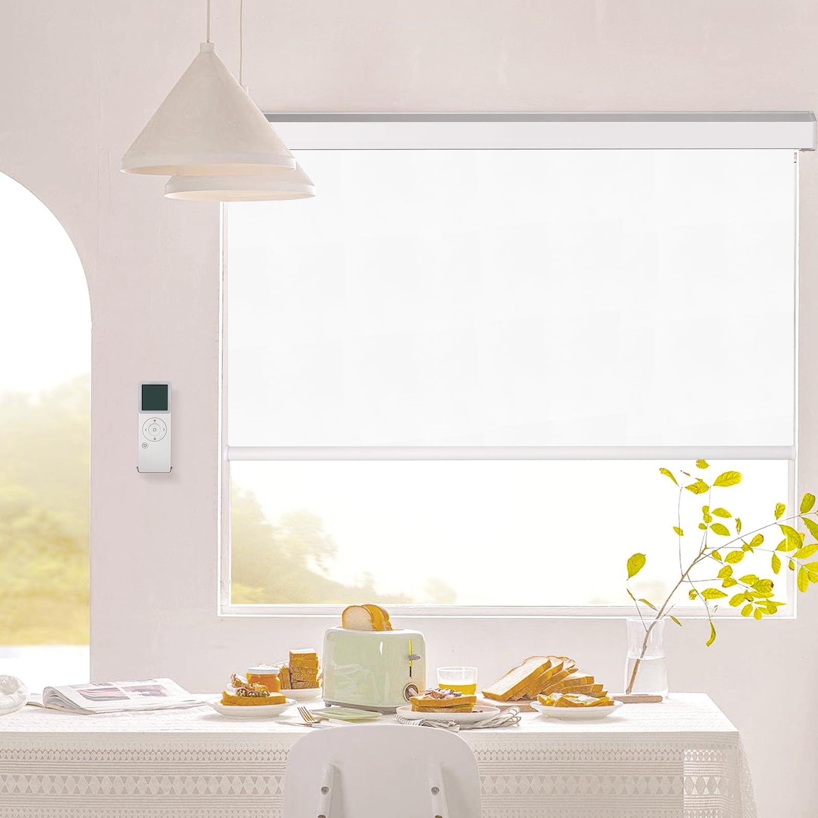 Videma Motorized Roller Shade for Window with Valance Customized Width (21-116 Inches) Smart Blind Compatible with Alexa Google Blackout Battery Solar Wireless (White)