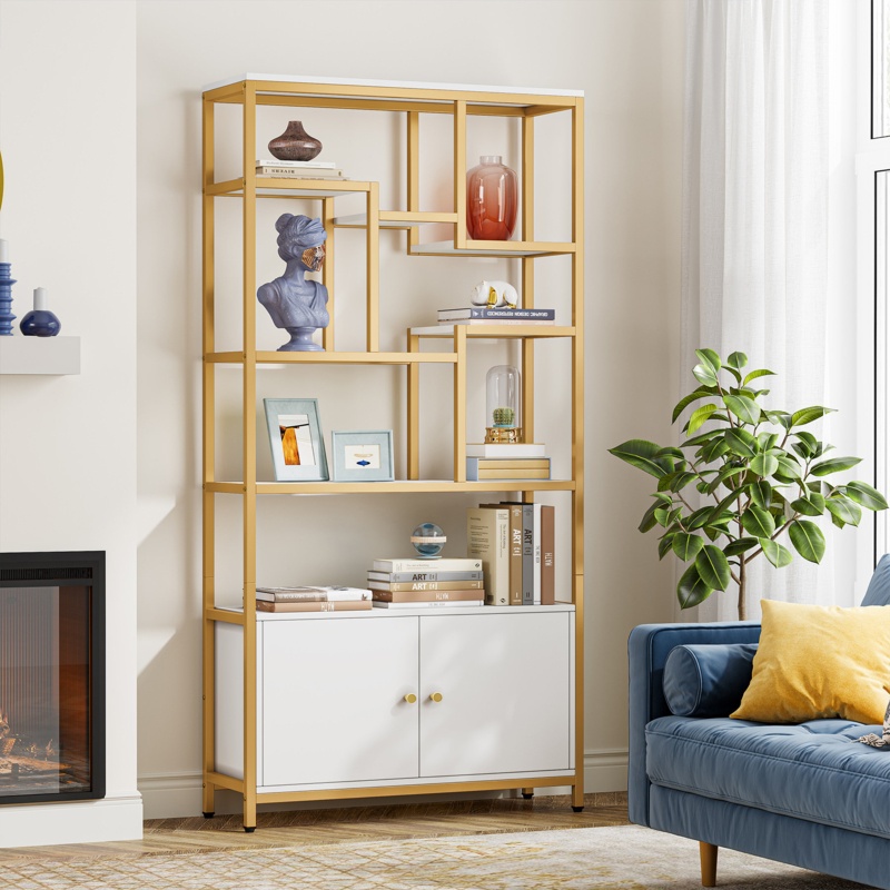 White and Gold Bookcase with Doors