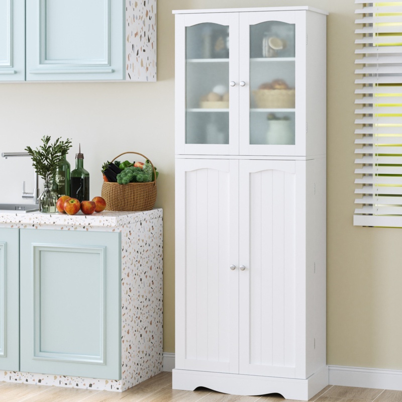 White Food Storage Kitchen Pantry with Glass Doors