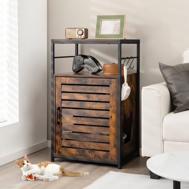 Zeke Cat Litter Box Enclosure With Louvered Door& 3-tier Shelf Cat House Side Table