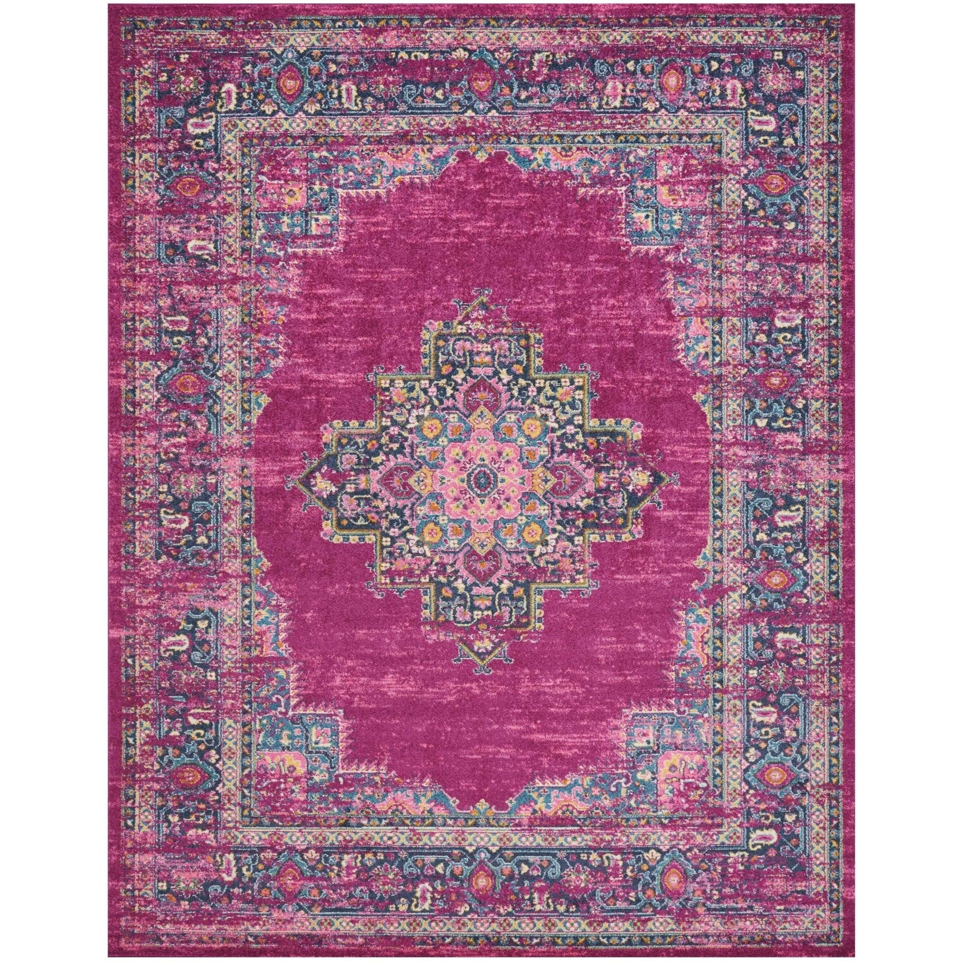 8' x 10' Fuchsia and Blue Distressed Area Rug - 3'6"