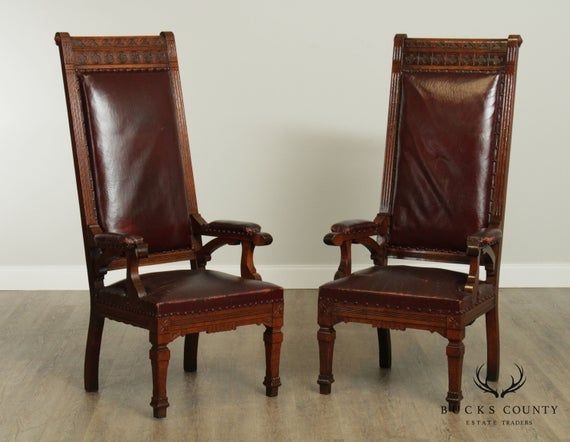 Antique Victorian Oak Pair High Back Masonic Armchairs