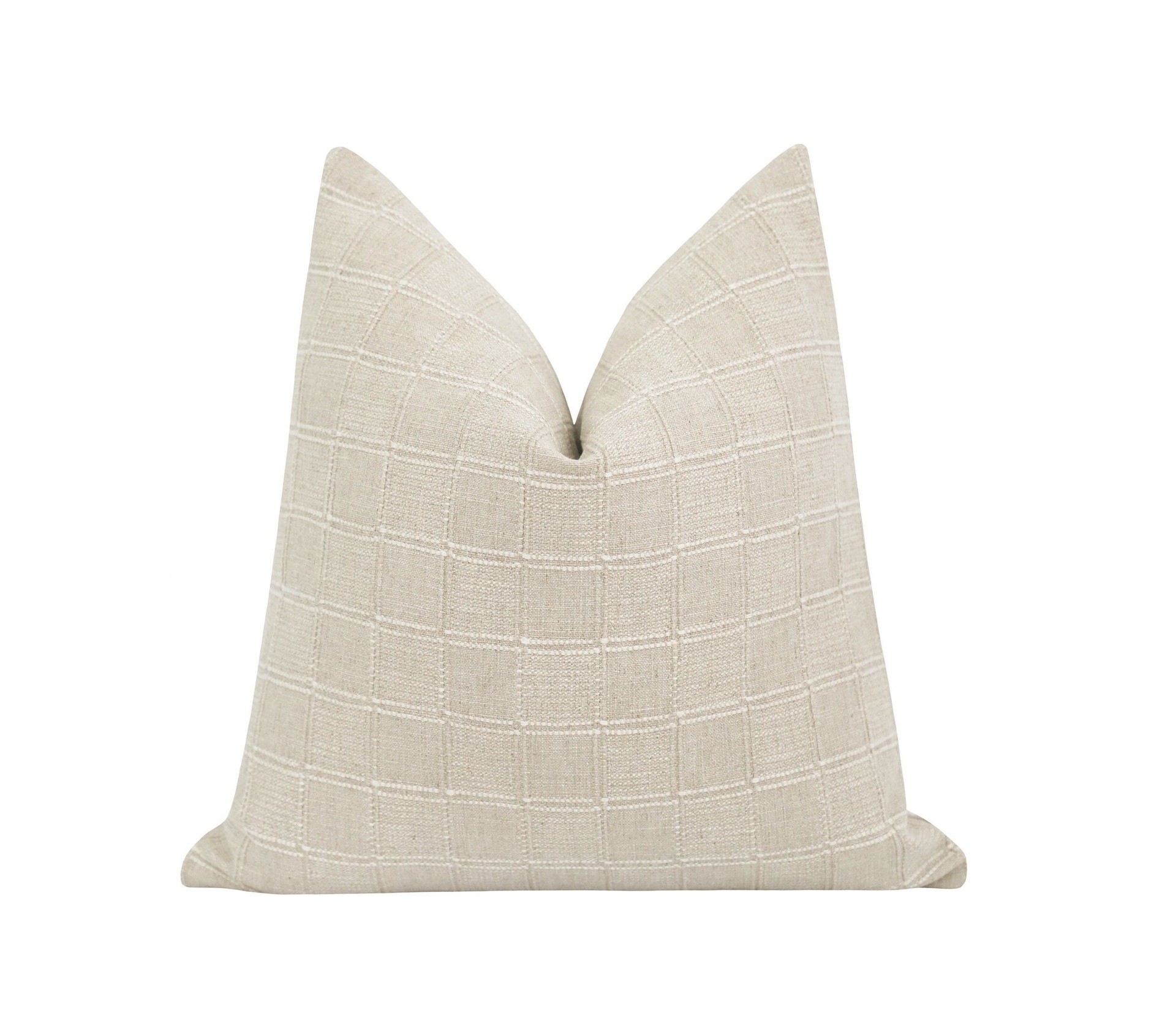 Beigey Natural Plaid Pillow Cover, 18 20 22 Neutral Pillow Cover, Raised Plaid Pillow Cover with Hidden zipper, Linen Plaid Pillow Cover