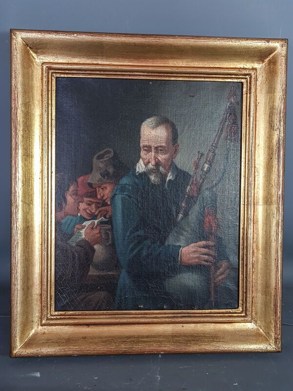 Le joueur de cornemuse et enfants Ecole du Nord XIXe sicle 34x30 cm