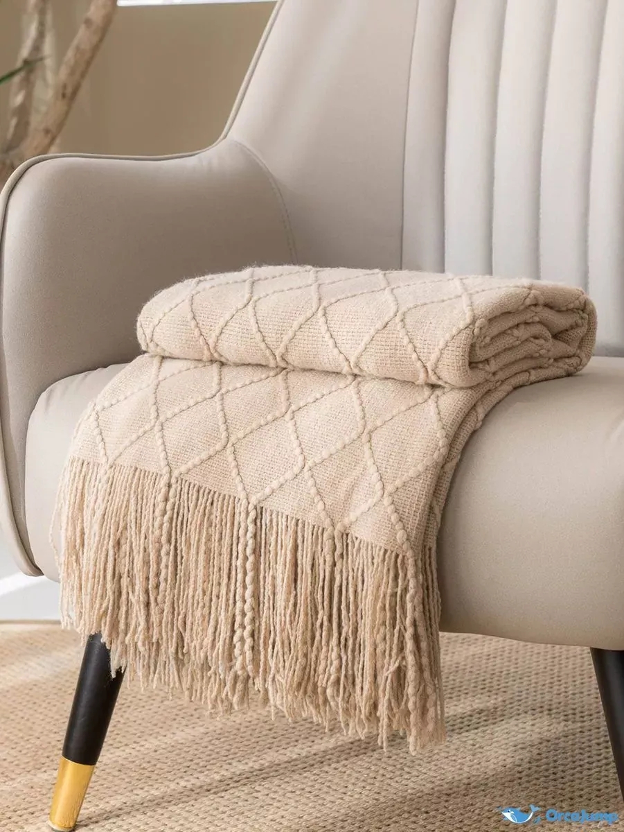 OrcaJump - Textured Fringe Trim Throw Blanket - 1 Piece