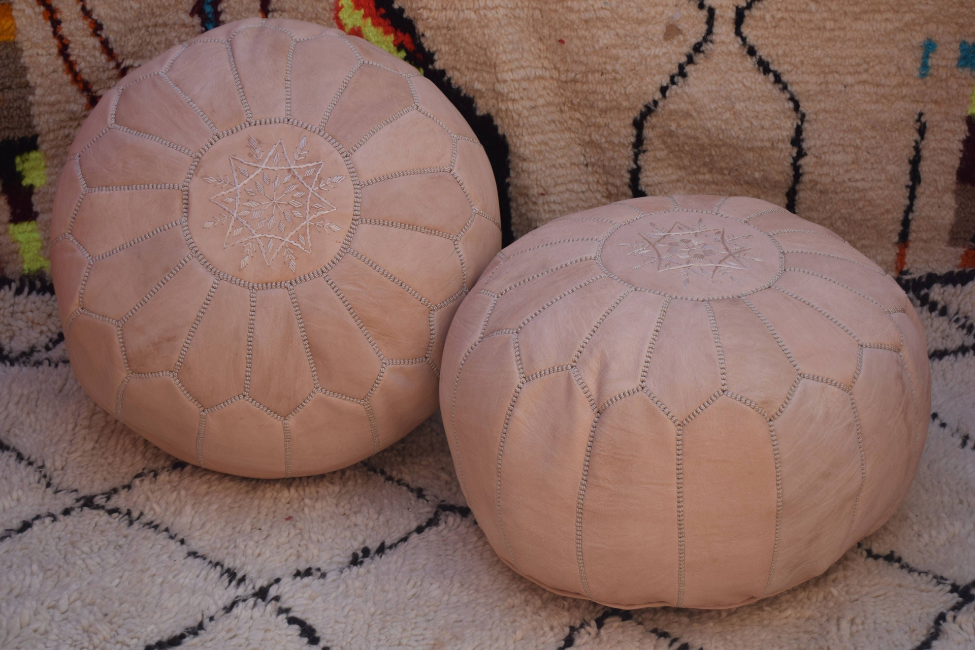 Set of 2  Embroidered pouf Leather furniture ottoman design poufs round natural  poufs