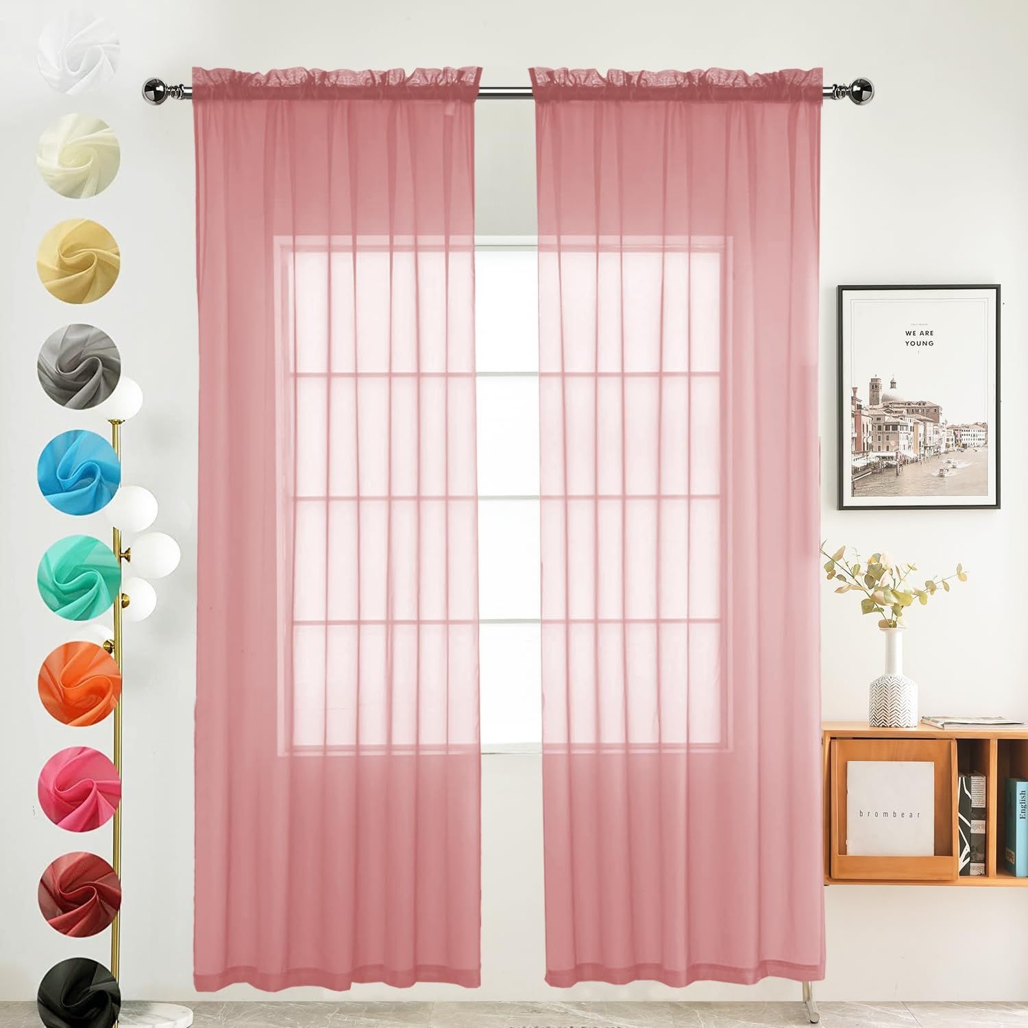 Youleyar Solid Sheer Rod Pocket Curtain Voile Draperies 2 Panels White Beige Black Grey Coffee 52 Inch Width 84 Inch Long 1 Pair for Kitchen Bedroom Children Living Room Yard (Blush,52W84L)