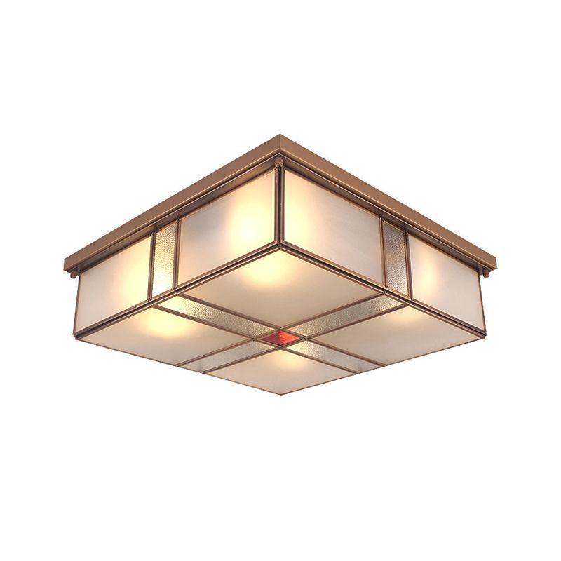 2/4 Lights Living Room Ceiling Mounted Fixture Vintage Brass Flush Mount Light with Square Frosted Glass Panel Shade - 4-Light / Brass