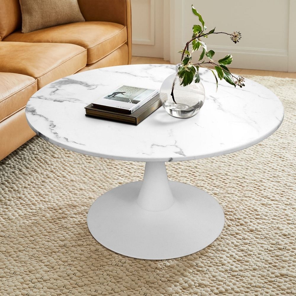 31.5" HARMAN Round Artificial Marble Coffee Table with Pedestal White Base -The Pop Maison