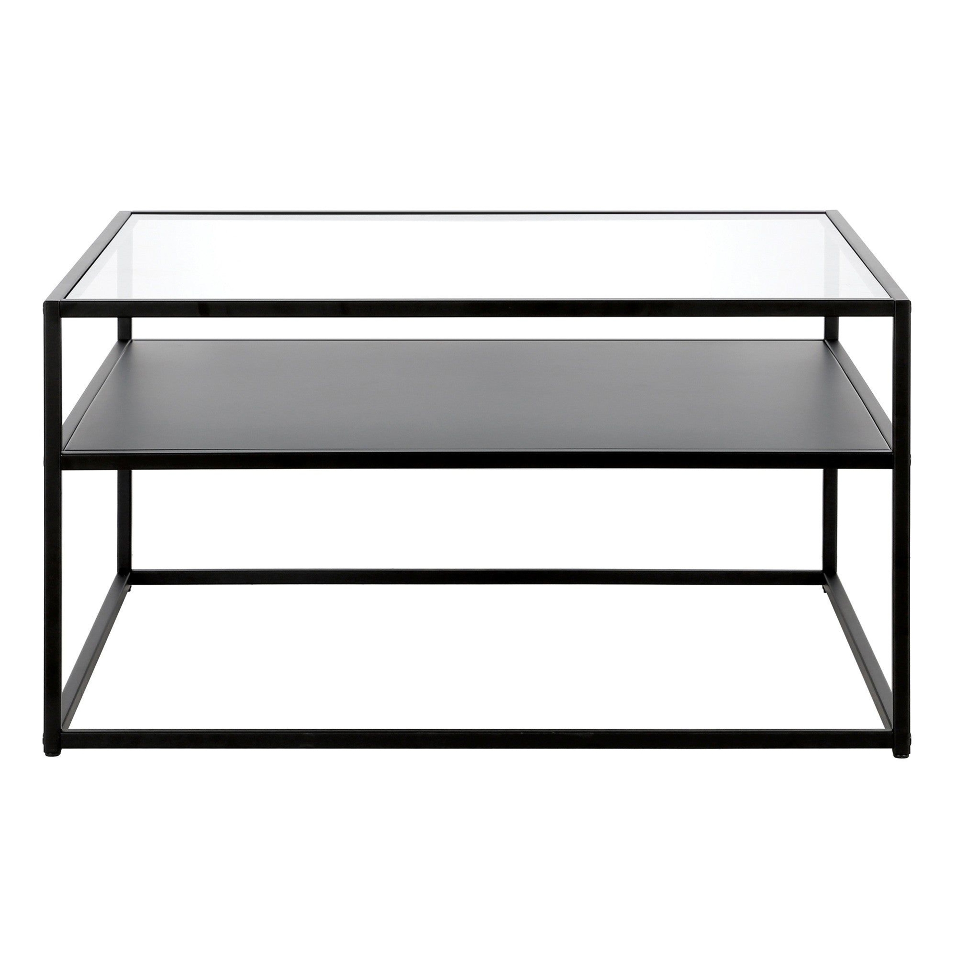 32" Black Glass Square Coffee Table With Shelf