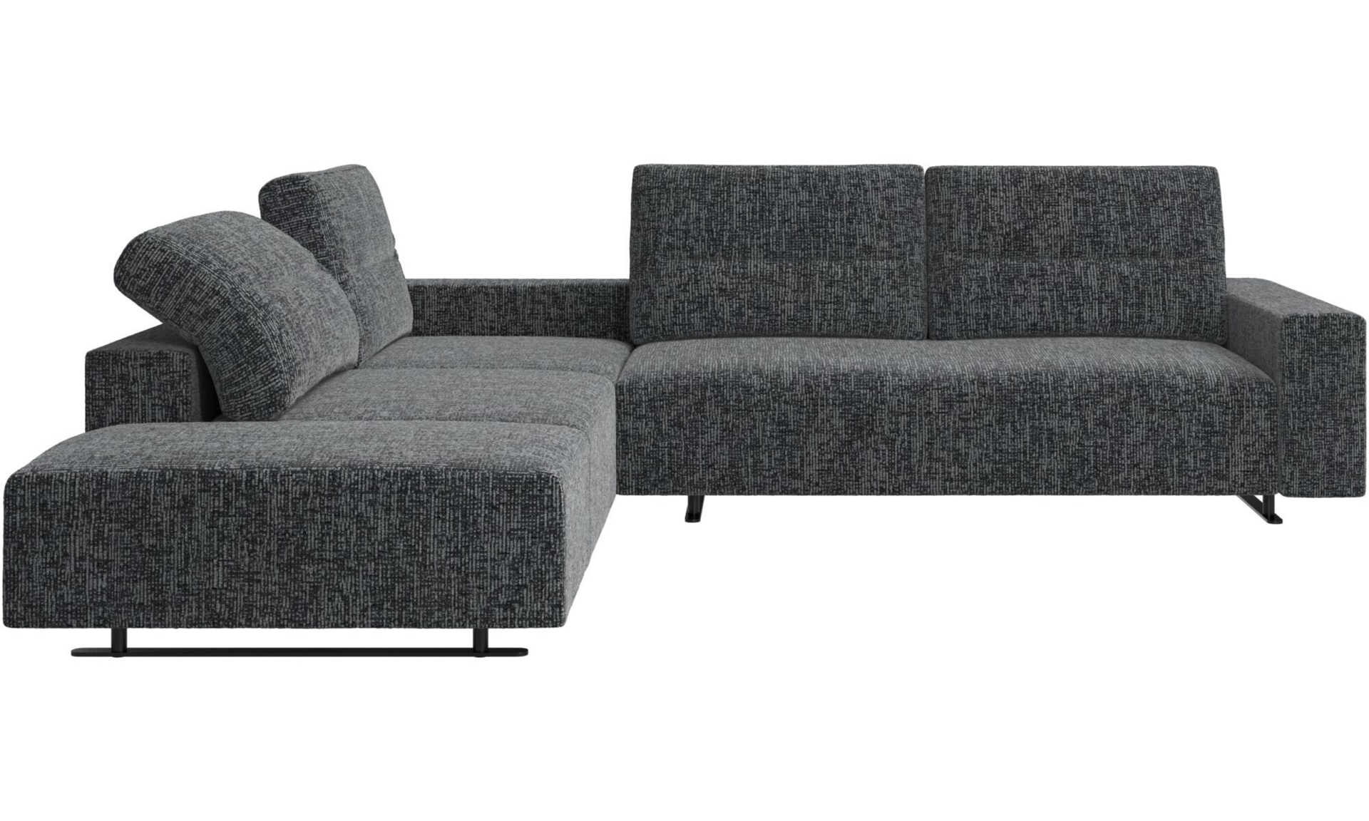 BoConcept Hampton corner sofa with adjustable back and storage on right side, dark gray fabric/metal