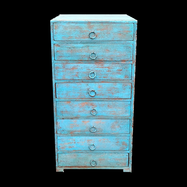 Commode avec 8 tiroirs en bois ancien bleu