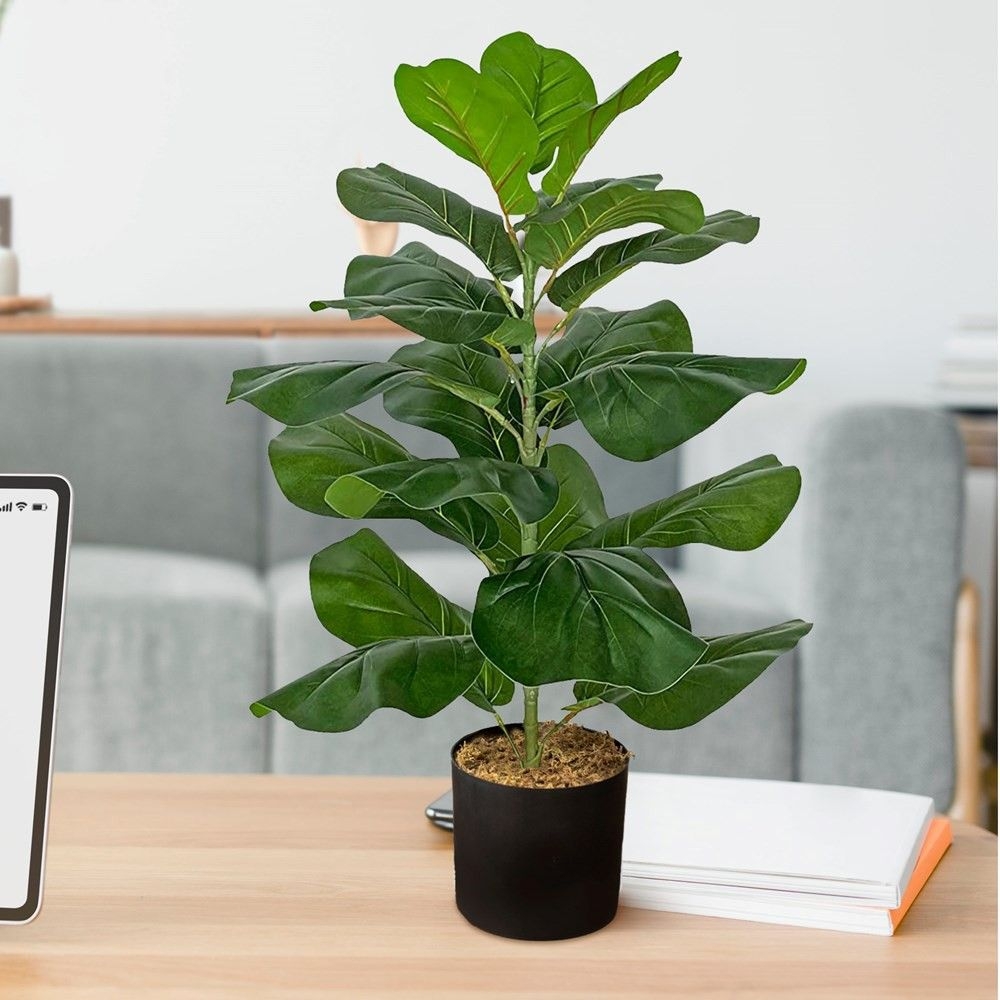 Forever Leaf 28" Artificial Fiddle Fig Leaf Plant in Black Pot, Indoor Artificial Plant for Home Decor