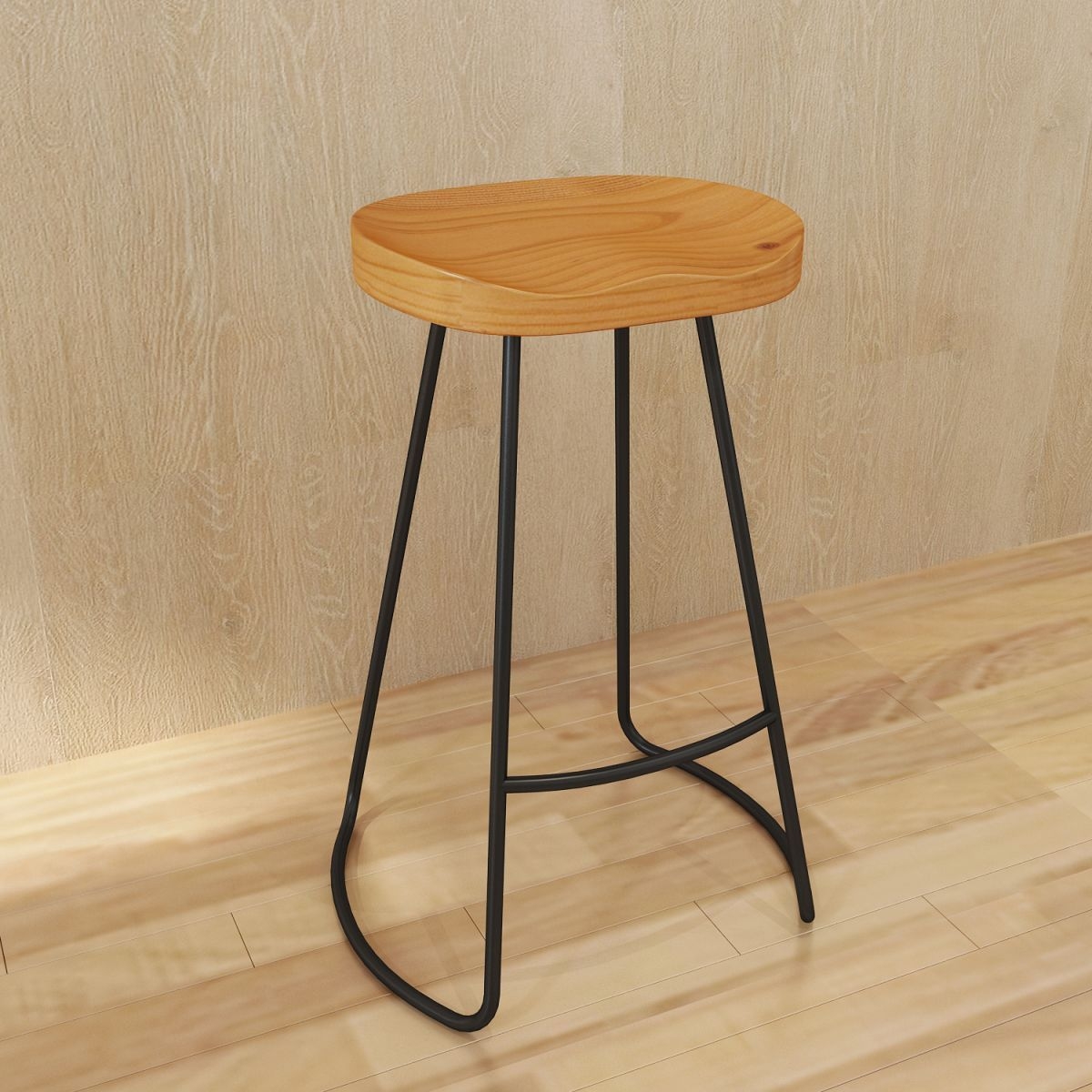 Modern Armless Counter Stool Iron Dessert Shop Bar Stool with Wooden Seat and Pedal - Natural / 6 Piece Set / Short Stool(18H)