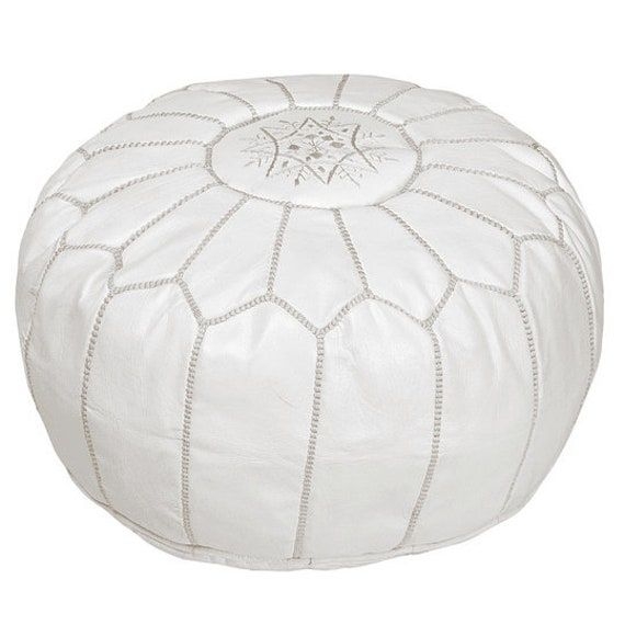 Moroccan Leather Pouf, Pouf Chair Home Decor, Ottoman Pouf White With White Stitching, Handwoven Leather Pouf, Bedroom Chair Pouf