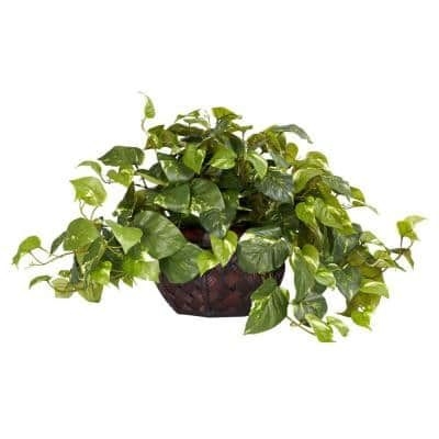 Nearly Natural 15 in. Artificial H Green Pothos with Decorative Vase Silk Plant