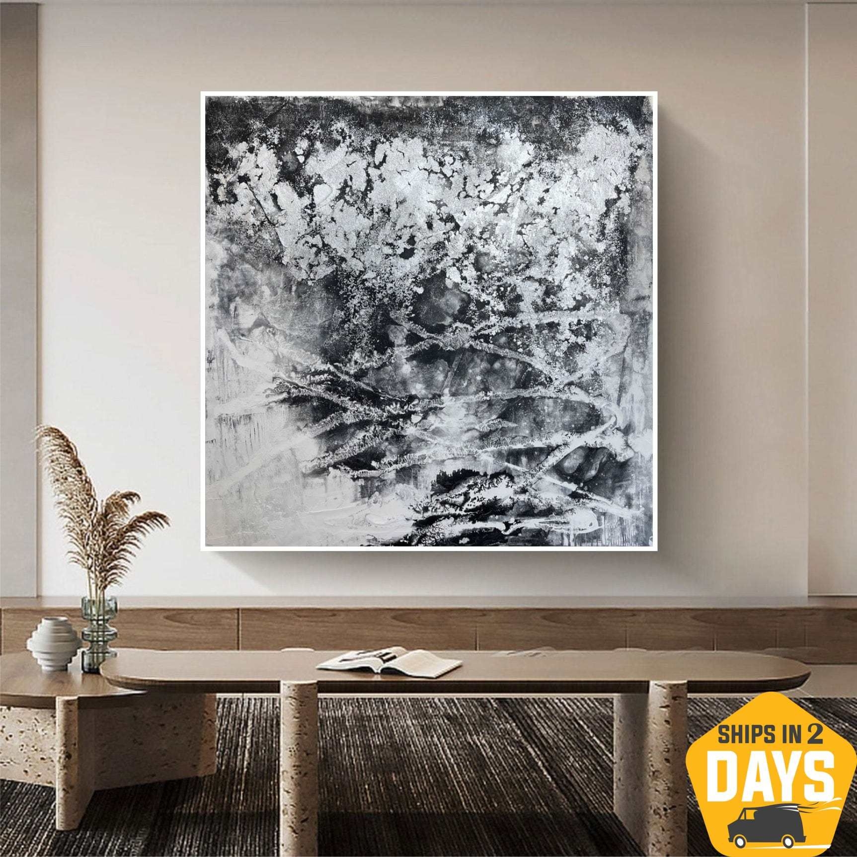 Original Abstract Monochrome Paintings On Canvas Black and White Artwork Modern Custom Oil Painting Gray and Black Wall Decor | GRAY BLIZZARD 26x26 - 26x26 | 66x66 cm / Stretched + Silver Frame