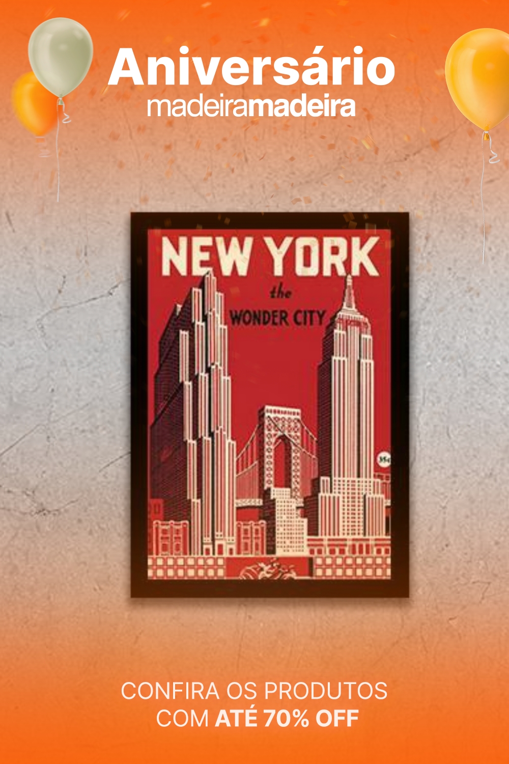 Quadro Cartaz Vintage New York 24x18cm - com vidro:Madeira branca