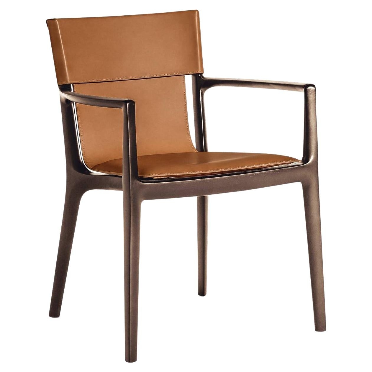 Roberto Lazzeroni Dining Room Chair - Isadora Arms Cammello Saddle Extra Light Italian Modern Leather, Ash