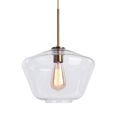 RRTYO Cloister 11.81 in. 1-Light Farmhouse Antique Brass Rhombic Bell Geometric Pendant with Clear Glass Shade