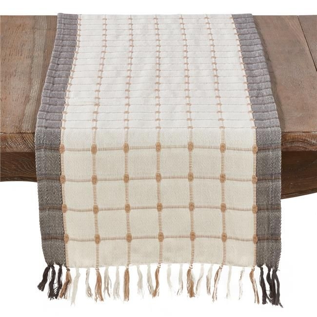 SARO 2433.M1672B Woven Windowpane &amp; Tassel Design Cotton Table Runner  Multi Color