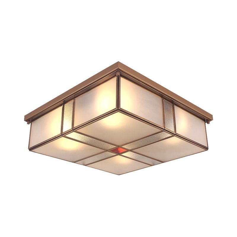 Square Milky Glass Ceiling Mounted Fixture Colonial 3/4 Bulbs Living Room Flush Mount Ceiling Lamp in Brass - 3-Light / Brass
