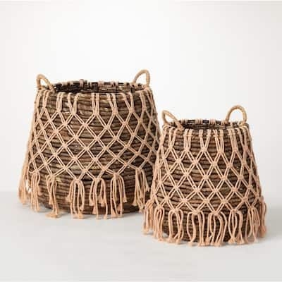 SULLIVANS 15.5" and 13" Brown Fabric Boho Basket With Macrame Layer (Set of 2)