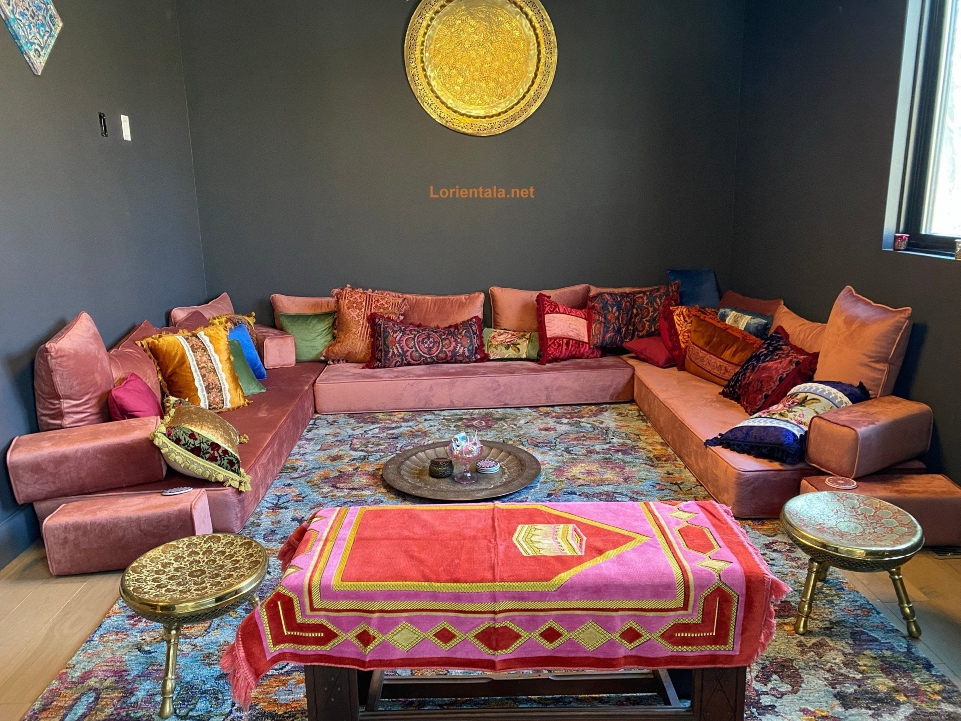 U SHAPED 8'' THICK velvet Dark pink color Sofa living room Oriental Floor Seating Turkish home decor Cushion Rug Moroccan couch  furniture