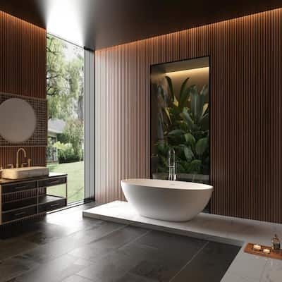 VANITYFUS 65 in. Stone Resin Flatbottom Solid Surface Freestanding Double Ended Soaking Bathtub in White with Brass Drain