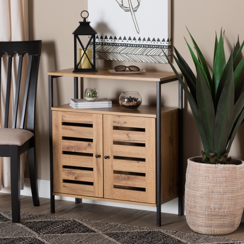 Vander Modern Oak Brown Finished Wood and Black Metal 2-Door Shoe Cabinet