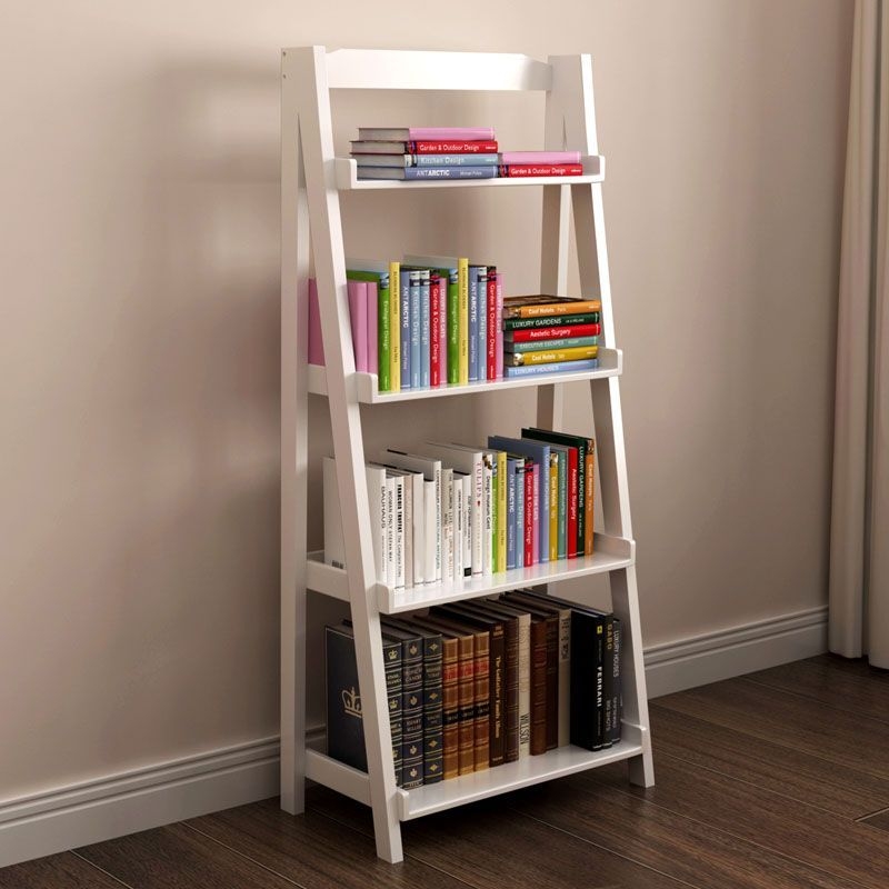 4-shelf Rubber Wood Ladder Bookshelf Modern Vertical Bookshelf for Home - 23.6L x 14.2W x 55.1H / White