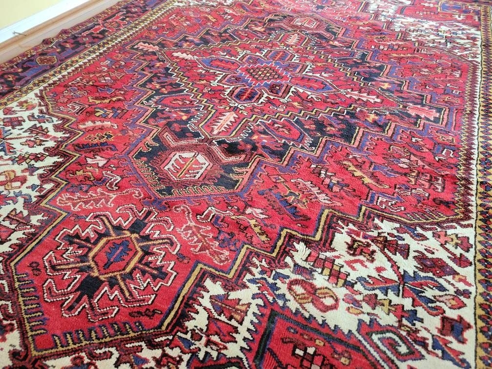 9 x 12 or 8.6 x 11.8 Vintage Top Quality Veg Dye Azerbaijan Area Rug Decorative Hand Knotted Unique Geometric Design