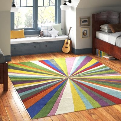 Andover Mills Baby & Kids Roxana Geometric Handmade Tufted Wool Green/Area Rug Wool in Blue, Size 120.0 H x 96.0 W x 0.5 D in | Wayfair