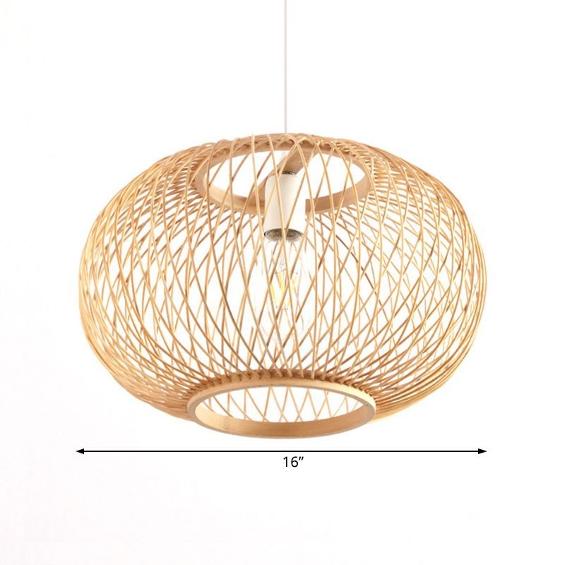 Bamboo Rounded Drum Pendant Lighting Asian Style 1 Bulb Hanging Lamp for Living Room, 16/19.5 Wide - Beige / 19.5