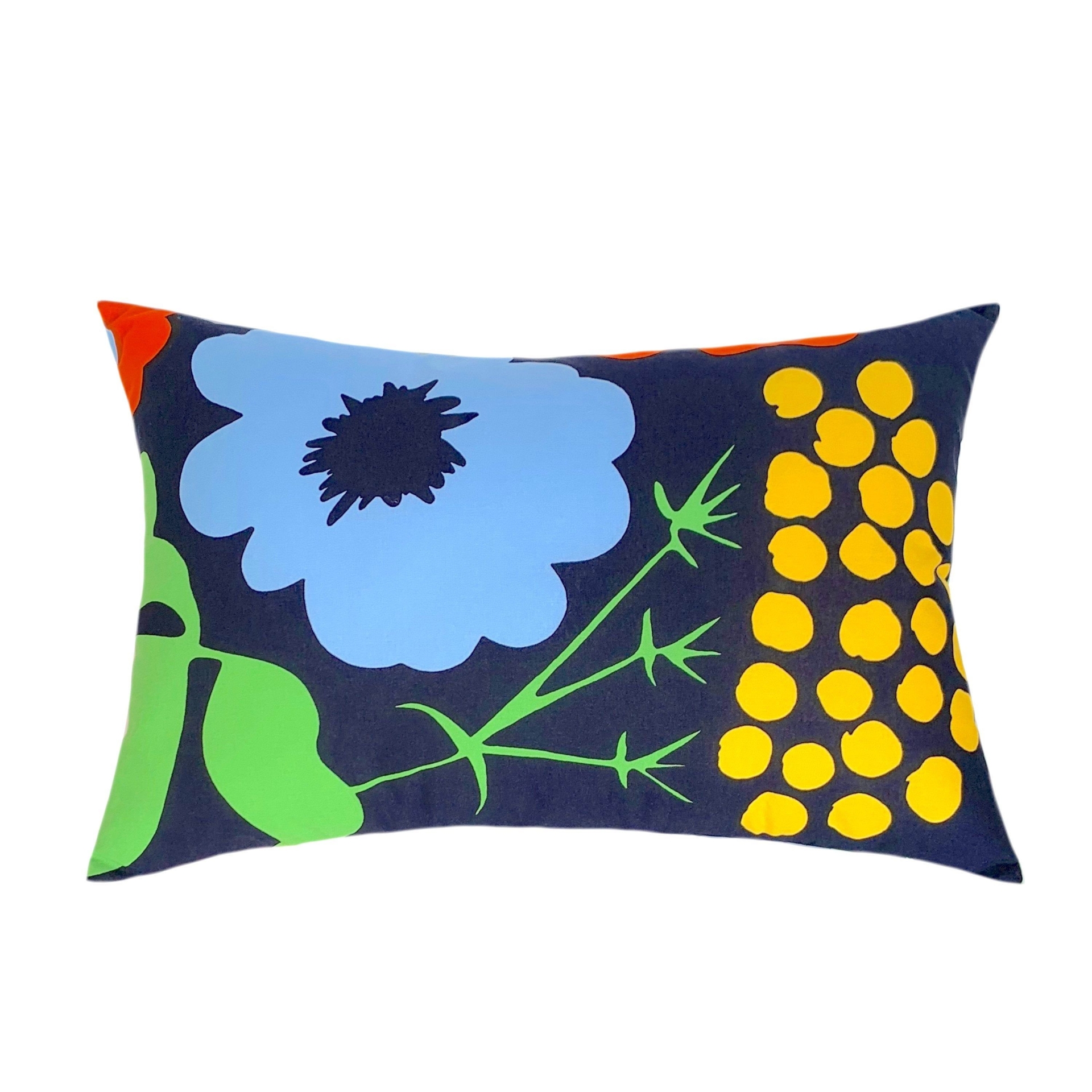 Bright Colorful Retro Scandinavian Flower Print Pillow.