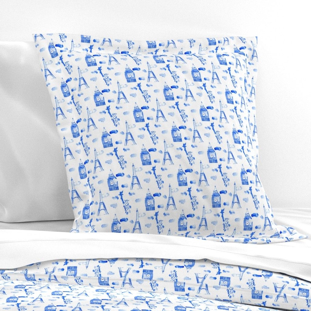 Cotton Sateen Flanged Edge Sham, Euro - City London Paris Indigo Blue White Watercolor Print Custom Bedding by Spoonflower