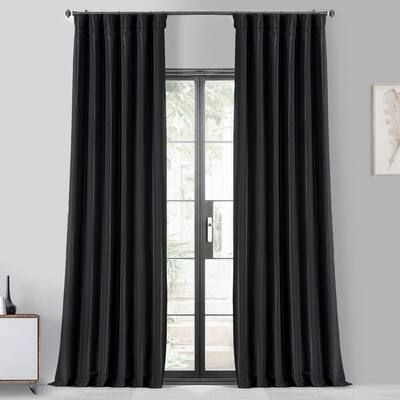 Exclusive Fabrics & Furnishings Black Solid Faux Silk Blackout Curtain - 50 in. W x 120 in. L Rod Pocket and Hook Belt Single Window Panel