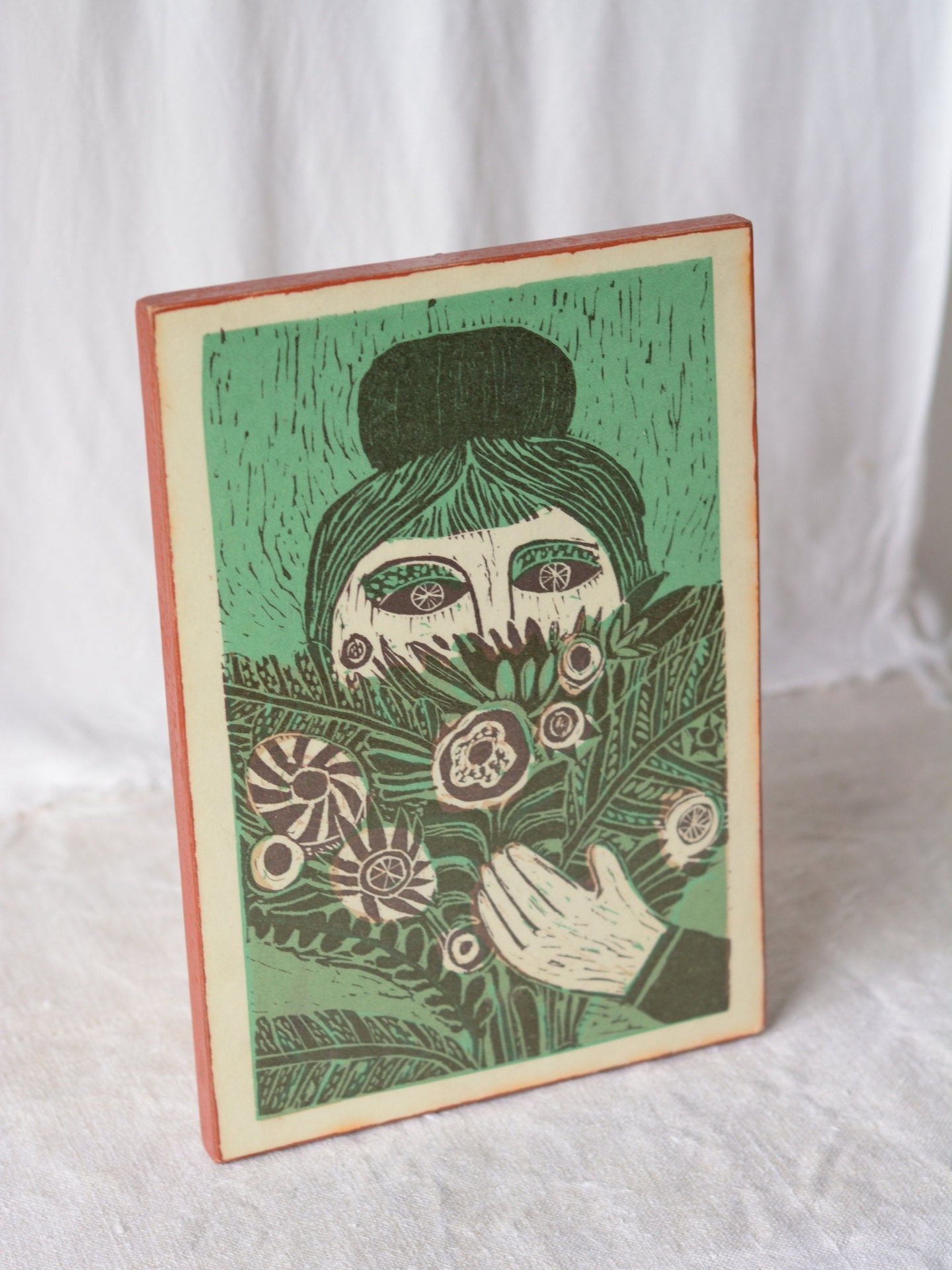 Girl with flowers wall hanging  |  modern linocut