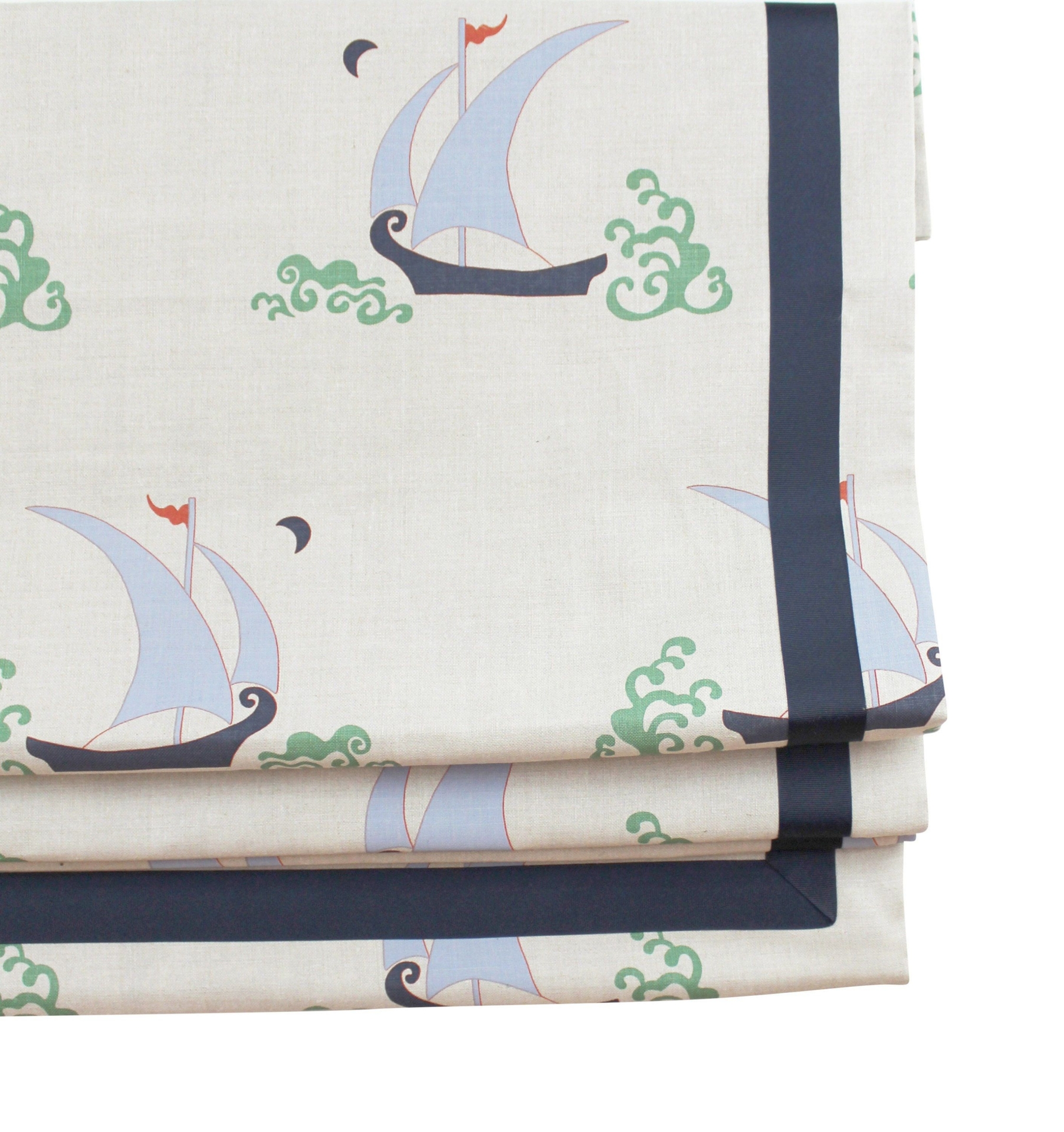 Katie Ridder Roman Shades in Beetlecat (shown in Lavender Blue with Samuel & Sons Navy Trim (comes in other colors)